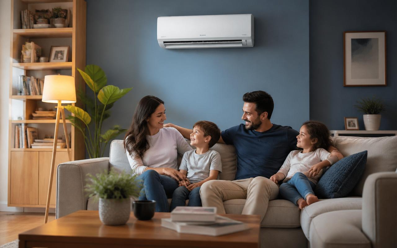Familia en su hogar con aire acondicionado